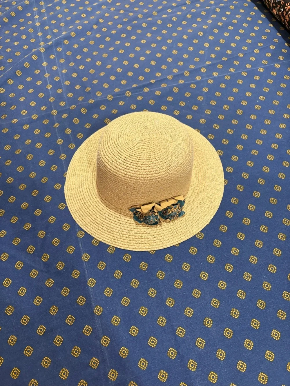 Kids Straw Sun Hat with Blue Floral Bow - Cream